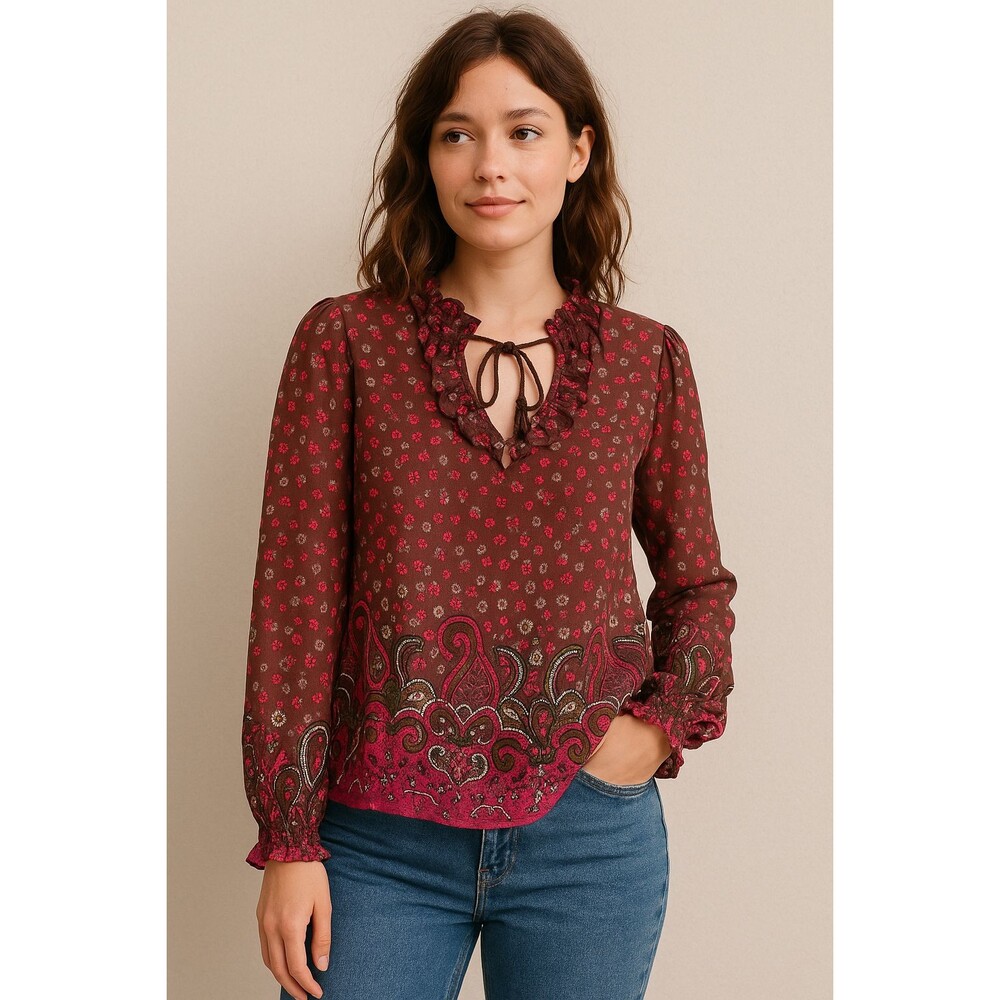 Candie's Women's Boho Paisley Ruffle Peasant Sheer Blouse Festival Hippie Top XL - Picture 2 of 7
